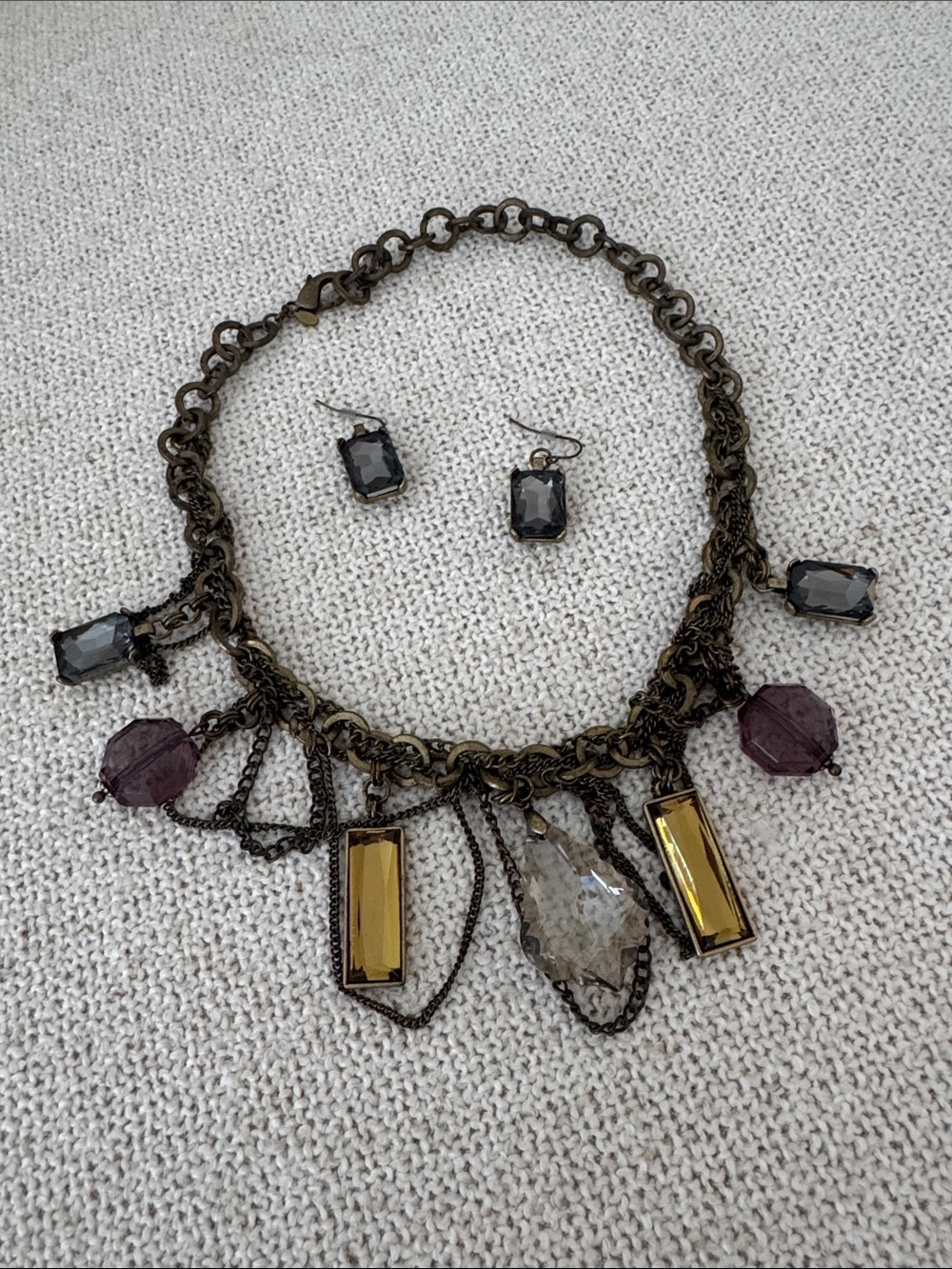 Chico's Antique Brass Necklace and Earring Set with Crystal Charms